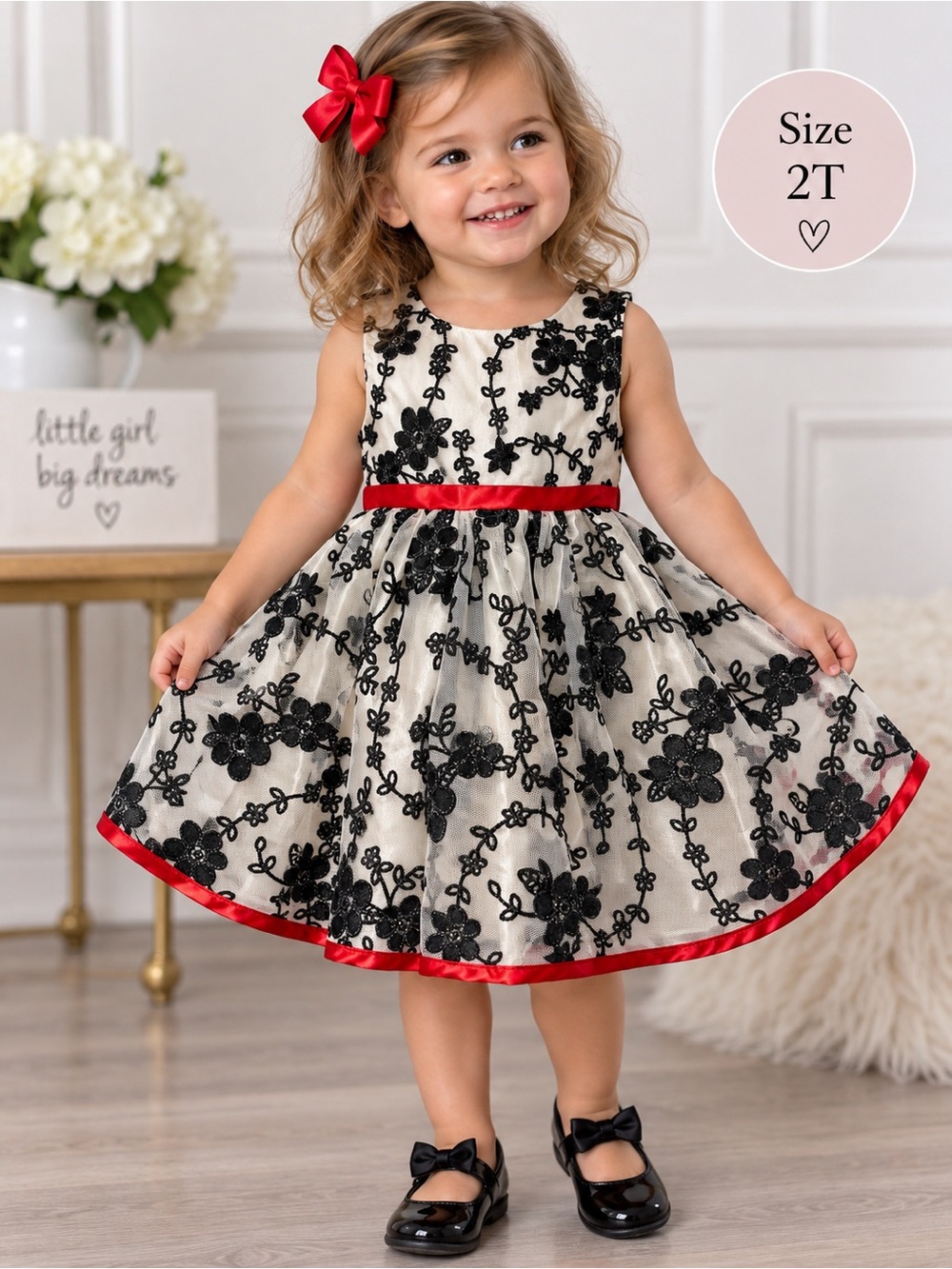 Nannette Kids Girls 2T Black & White Floral Tulle Dress Red Trim